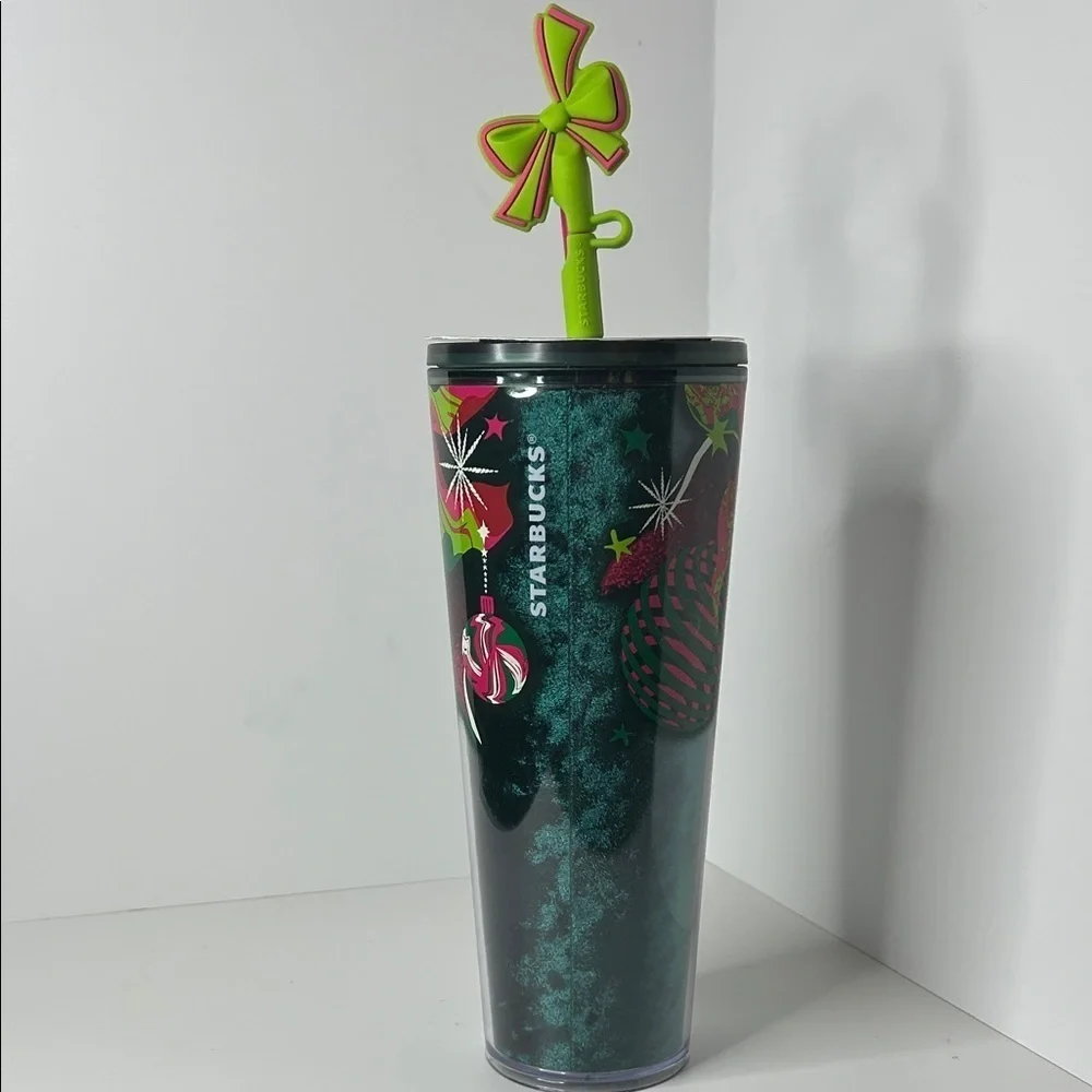 Starbucks 24oz Festive Tumbler with Green and Pink Design with Straw Topper NWT